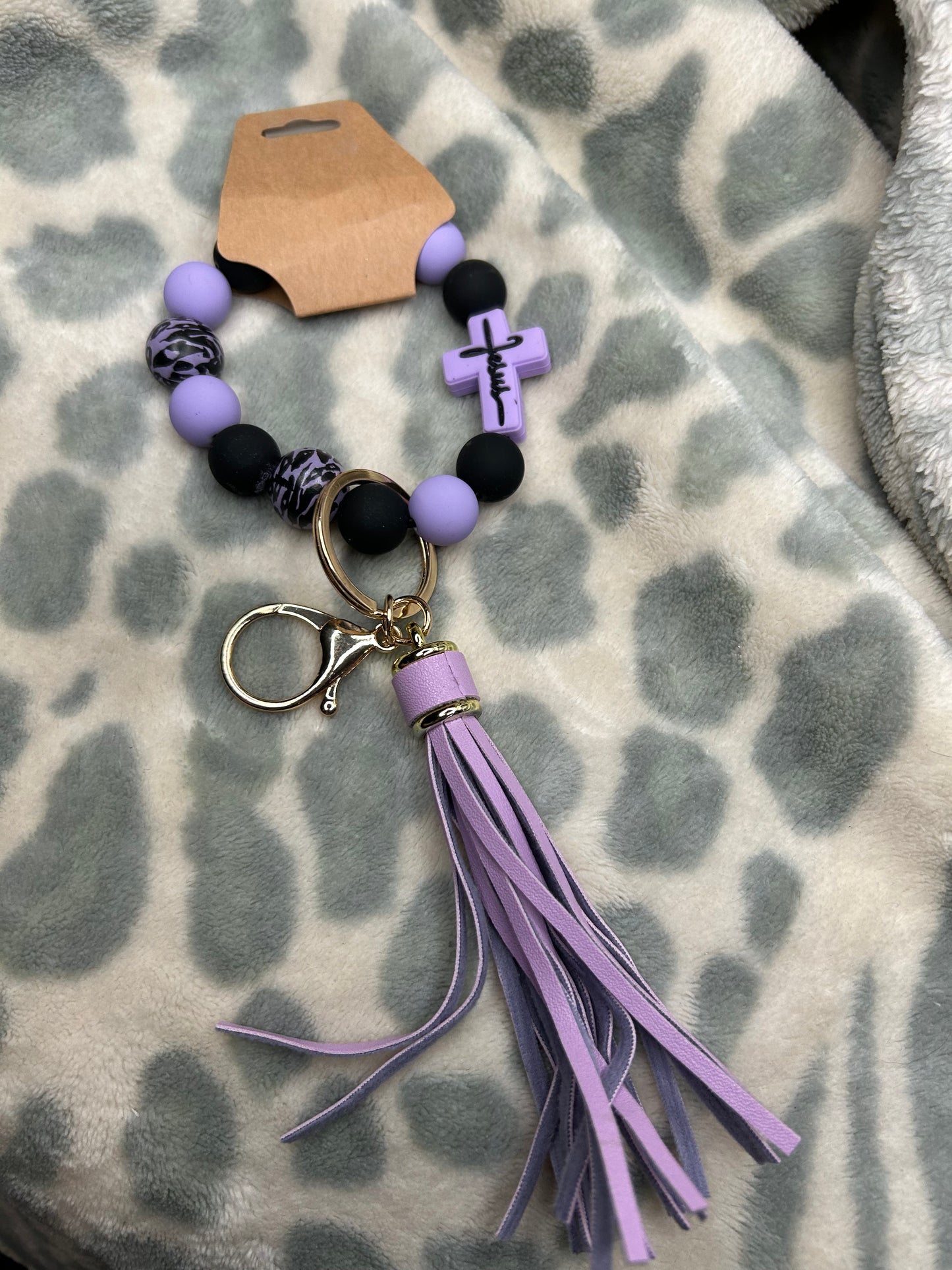 Cross Jesus silicone/wooden bead wristlet